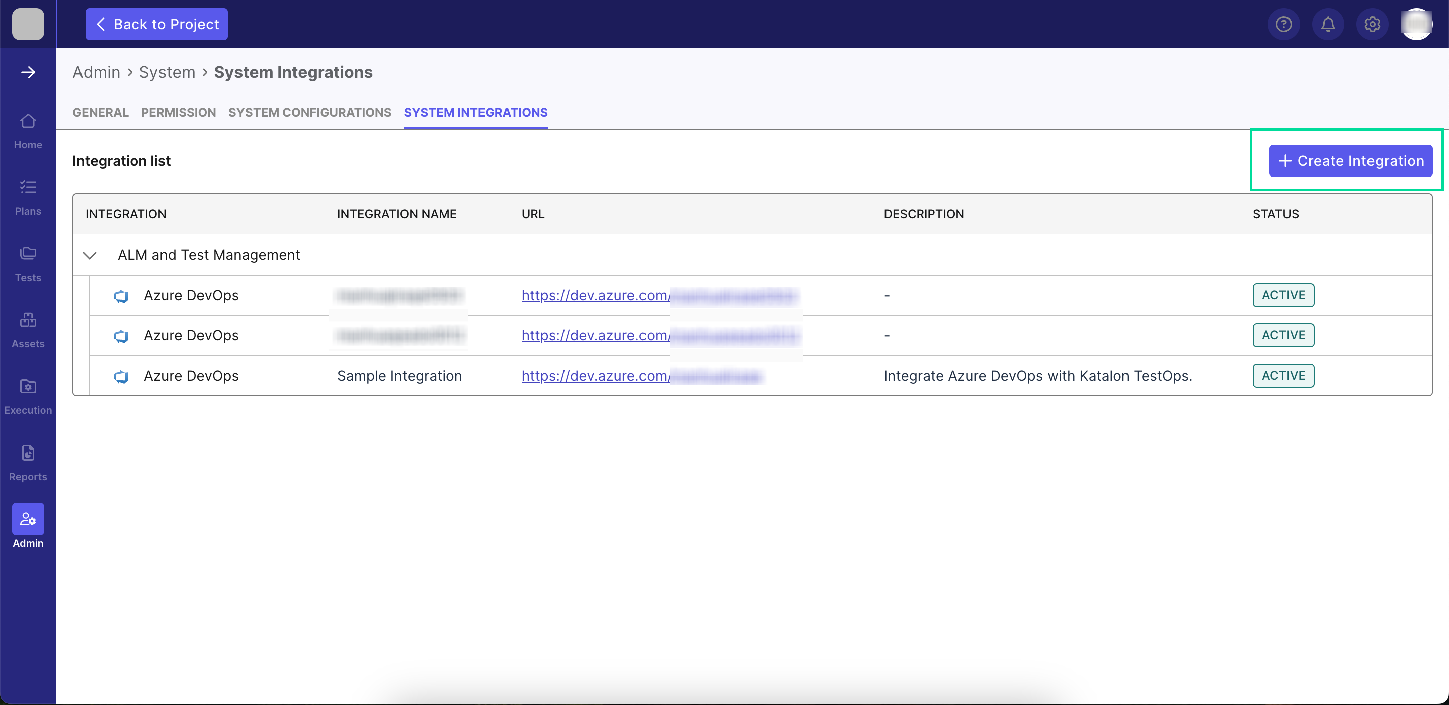 The System Integrations page in Katalon TestOps with Create Integration highlighted.